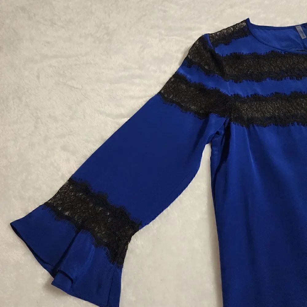 Rebecca Taylor Women Silk Royal Blue with Black Lace Trumpet Sleeve Dress Size 8 - Picture 11 of 12